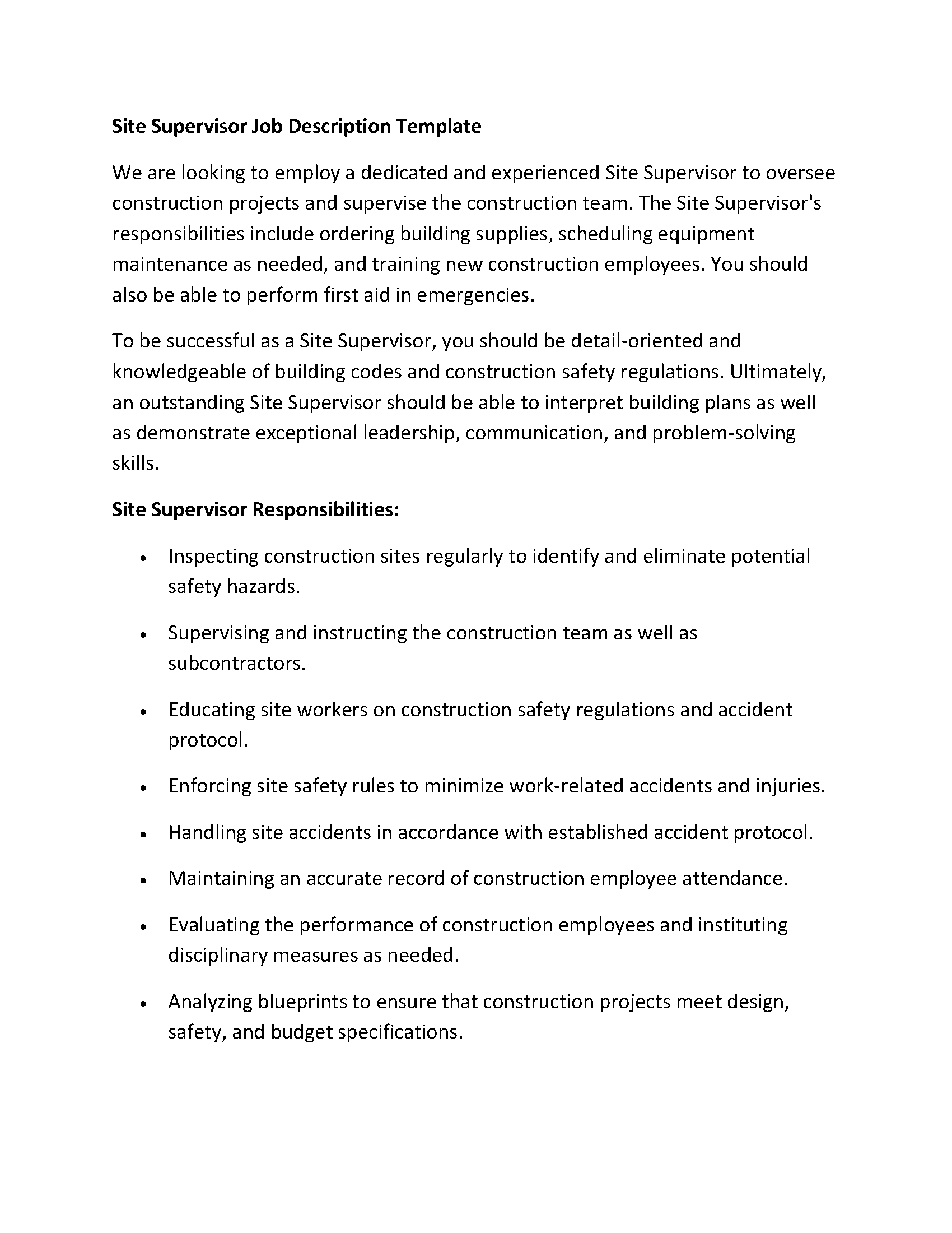 Site Supervisor Job Description Template